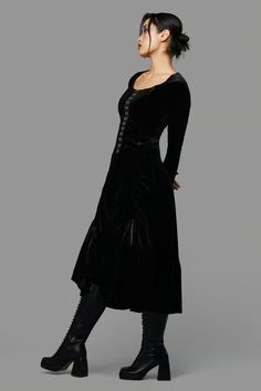 Vampiric Formal Dress | ModCloth Black Velvet Dress Outfit, Gothic Formal Dress, Gothic Formal Dresses, Gothic Formal, Velvet Dresses Outfit, Corset Outfit, Long Sleeve Dress Formal, Goth Dress, Hook And Loop Tape