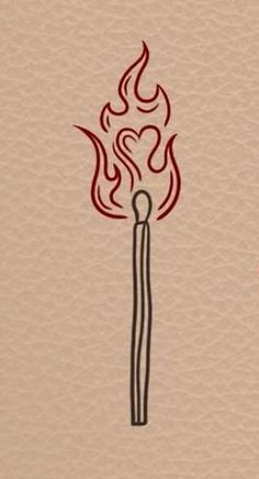 a drawing of a matchstick with fire on it's end and the word love written in red