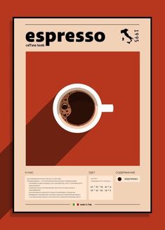 a cup of coffee on top of a red table with the words espresso