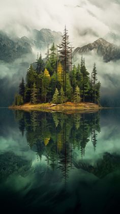 an island in the middle of a lake surrounded by trees and mountains with clouds above it