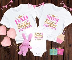 two baby onesuits with pink and gold foil lettering on them, one is for a mom and the other is for a princess