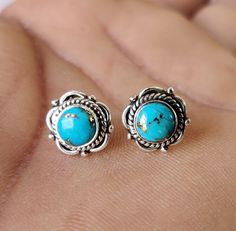 925 Sterling Silver Blue Turquoise Flower Stud Earrings 8mm Diameter Gift Boxed, Lovely Blue Turquoise Stud Earring, Handmade Stud Earring Description Metal :- 925 Sterling Silver Style : Stud Earring Gemstone:- Blue Turquoise Benefits Of Blue Turquoise Turquoise has a strong connection to the throat chakra and helps to enhance communication and expression. It also aligns all of the chakras and is often used for healing purposes. Turquoise can also help you become more open to love and forgivene Turquoise Benefits, Open To Love, Turquoise Stud Earrings, Earring Handmade, Turquoise Flowers, Les Chakras, Flower Stud Earrings, Flower Stud, Bleu Turquoise