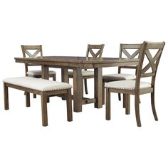 a wooden table with four chairs and a bench