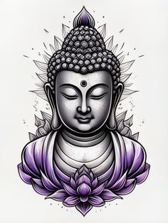 the buddha statue is surrounded by purple flowers