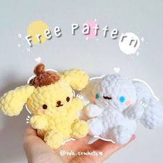 two small stuffed animals sitting next to each other on top of a persons hand with the word free pattern above them