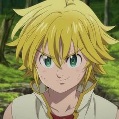 an anime character with blonde hair and green eyes looking at the camera in front of some trees