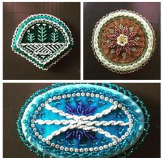 four different pictures of decorative items made from beads