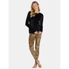 A comfortable feel, a stylish look, its ClimateRight by Cuddl Duds Stretch Velour 2-Piece Set. Featuring a long-sleeve top and coordinating leggings, this set gives us all the feels. Designed to help keep you cozy and warm, this plush velour set is the perfect pick for lounging, sleeping or even layering. Only at Walmart. Size: S.  Color: Black.  Gender: female.  Age Group: adult. Velour Top, Base Layer Women, Thermal Leggings, Velour Tops, Womens Thermal, Long John, Cuddl Duds, All The Feels, The Feels