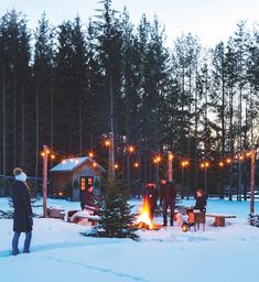 people standing around a fire pit in the snow with christmas lights strung over it and trees