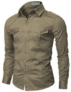 Doublju Mens Casual Dos bolsillo camisas detalladas en la tienda de ropa de hombre Amazon: Kemeja Denim, Denim Shirt Men, Tactical Clothing, Fitted Dress Shirts, Mens Casual