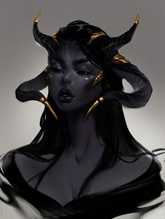 an image of a woman with horns on her head and makeup in black, white and gold