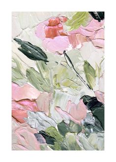 an abstract painting with pink flowers and green leaves on the bottom half of the image