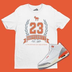 23 University T-Shirt Matching Air Jordan 3 Georgia Peach, Sneaker Tee, Sneaker Collector, Sneakerhead Gifts ▶▶T-SHIRT DETAILS ● This sneaker match tee is designed to match the Air Jordan 3 Georgia Peach ● This sneaker t-shirt is printed on an Adult Unisex size shirt (See Size Guide) ● Printed on Heavy Cotton Gildan 5000 Tee ● Custom Made - Not Jordan Brand or Nike ● We strive to color-match the actual sneakers. When an exact color match is unattainable we use the closest color code available. ▶▶ F E A T U R E S ✔️It feels soft and lightweight, with the right amount to stretch. ✔️It is comfortable and flattering for women & men. ✔️The double stitching on the neckline and sleeves add more durability to what is sure to be a favorite. ✔️Wearable all year around ✔️Made with high-quality materi Orange Short Sleeve T-shirt For College, Sporty Orange T-shirt For College, Casual Orange T-shirt For College, Jordan 3 Outfits, Sneakerhead Gifts, Perfect Sneakers, University Tshirt, University Tees, Sneaker Match Tees