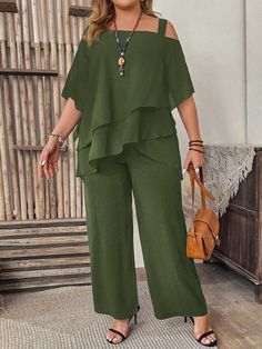 Verde militar Casual Collar   Liso  Embellished No-Elástico July Ideas, Coord Set, Cute Skirt Outfits, Shein Pants, Stylish Skirts, Suit Trousers, Co Ords, Plus Size Wedding, Classic Fashion