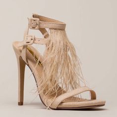 Never Worn Nude Feathered Open Toe Heels Beige Heels For Night Out In Spring, Beige Ankle Strap Heels For Date Night, Beige Heels For Spring Date Night, Beige Heels For Date Night In Spring, Beige Pointed Toe Sandals For Night Out, Beige Closed Toe Heels For Night Out, Beige Heels With Wrapped Heel For Night Out, Beige Heels With Heel Strap For Night Out, Beige Ankle Strap Heels For Night Out