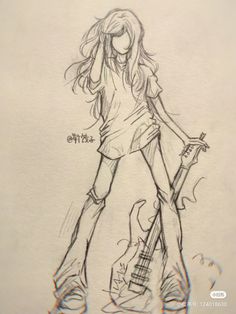 a drawing of a girl with a guitar in her hand and an electric guitar behind her