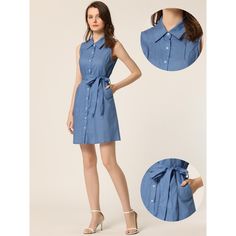 This shirt dress is designed with polka dots, buttons up, and belted, adding elegance and charm to your summer look. Its sleeveless design and pointed collar create a chic look that is perfect for any casual or semi-formal occasion. You can simply pair it with heels or sneakers for a casual daily look. It is made from soft and breathable fabric, making it suitable for everyday wear in warmer weather. Sleeveless Belted Shirt Dress For Summer, Casual Belted Sleeveless Summer Dress, Casual Belted Sleeveless Dress For Summer, Belted Blue Shirt Dress For Summer, Casual Belted Sleeveless Dress For Spring, Chic Sleeveless Belted Shirt Dress, Summer Button-up Denim Dress With Button Closure, Blue Belted Button-up Denim Dress, Denim V-neck Dress With Button Closure