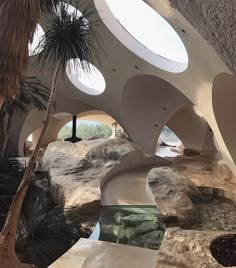 the inside of a building with several circular windows and palm trees in front of it