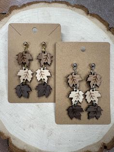 Super cute for Fall or to add a little something extra to your look!  Dangle earrings in the shape of leaves, select your choice of silver or gold hypoallergenic posts. Each earring stack is made from the following: cherry, maple & walnut woods to give it that ombré look.  These are made from wood which is super lightweight & means you can wear them comfortably all day!  These earrings measure roughly 2.5 inches in height (including hardware). Please note that if no hardware color is chosen, sel Leaf-shaped Brown Earrings Gift, Wood Leaf Earrings, Autumn Leaf Earrings, Maple Leaf Earrings, Bohemian Brown Leaf-shaped Earrings, Etsy Earrings Dangle, Walnut Wood, Autumn Leaves, Super Cute