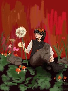 a person sitting on the ground with a dandelion in front of them and red background