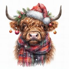 a watercolor painting of a highland cow wearing a christmas hat and scarf with ornaments around its neck