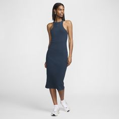 Grounded in style, comfort and versatility, meet our take on luxury loungewear. Our ribbed jersey is super soft and opaque, elevating your look with texture you can feel. A body-skimming fit makes this midi dress perfect for those low-key days when you want to feel chill but still put together. Sporty Sleeveless Lounge Dresses, Sporty Sleeveless Loungewear Dresses, Athleisure Sleeveless Loungewear Dress, Fitted Sleeveless Midi Dress For Loungewear, Nike Casual Sleeveless Dress, Casual Nike Sleeveless Dress, Sleeveless Ribbed Midi Dress For Loungewear, Tight Midi Dress, Lifestyle Dresses