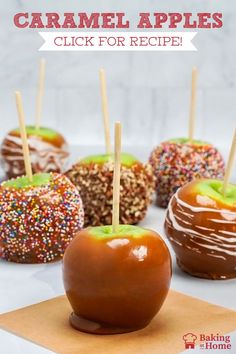 Sweet & tart caramel apples are the fall craft you and the kiddos will love to create and enjoy. Gather the ingredients that go into this Clabber Girl recipe. Perfect for a fruity Halloween party snack! Start baking now. Carmel Apple Recipe, Caramel Apple Recipe, Fall Caramel Apples, Gourmet Caramel Apples, Candy Apple Recipe, Caramel Apples Homemade, Caramel Apples Recipe, Caramel Apples Easy, Gourmet Apples