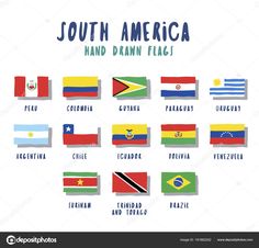 south america hand drawn flags in flat style with the country names and their national colors