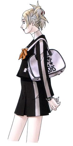 a drawing of a woman in a black and white dress with a backpack on her back