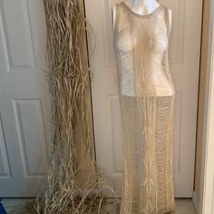 Pol Crocheted Fringed Dress Nwt . Have A Dress Posted That Looks Great Underneath Dress. Elegant Floor-length Crochet Dress, Fitted Long Crochet Dress For Party, Elegant Long Crochet Dress For Party, Long Cream Dress For Party, Long Cream Party Dress, Fitted Cream Crochet Dress For Party, Long Ruffled Dress, Acid Wash Dress, Black Sequin Gown