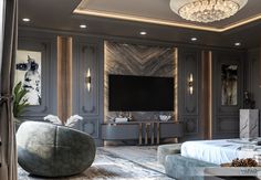 an elegant bedroom with gray walls and marble furniture, chandelier, large tv on the wall