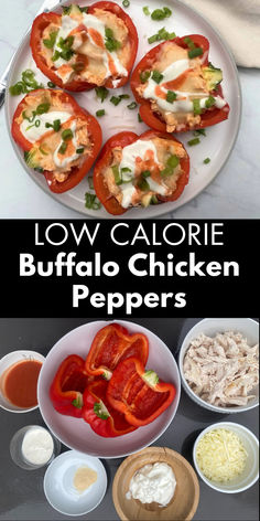 Image of buffalo chicken stuffed bell peppers along with a image of the ingredients. Buffalo Chicken Peppers, Low Calorie High Protein Meals, Buffalo Chicken Stuffed Peppers, Keto Buffalo Chicken, Chicken Peppers, Chicken Stuffed, Keto Lunch