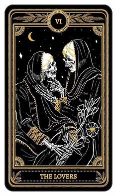 the lovers tarot card with two skeletons holding each other's hands, in gold and black