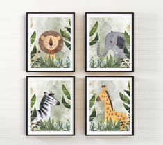 four framed pictures with animals and plants in them