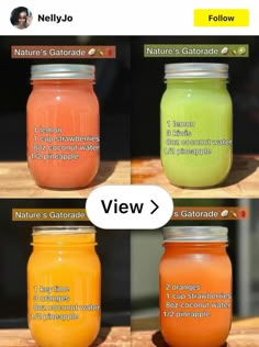 four jars with different types of juice in them