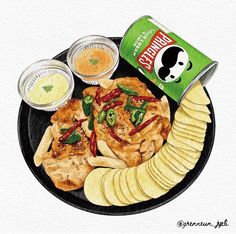 a painting of food on a plate with chips and ketchup in the background