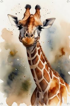 a painting of a giraffe's head with watercolors on it