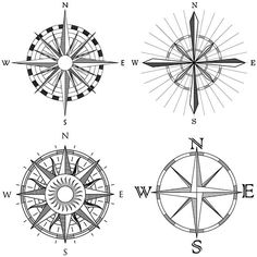 four compasss are shown in black and white