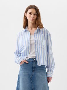 Cropped Linen-Blend Shirt Spring Shirt With Vertical Stripes And Shirttail Hem, Casual Shirt With Vertical Stripes And Shirttail Hem, Striped Shirt With Placket For Spring, Striped Shirt With Button Cuffs For Summer, Spring Striped Shirt With Button Cuffs, Summer Striped Shirt With Button Cuffs, Striped Linen Top With Button Closure, Linen Blend Shirt, Summer Wardrobe