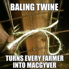 an image of someone holding some wire in front of a fence that says, bailing twine turns every farmer into maggyver