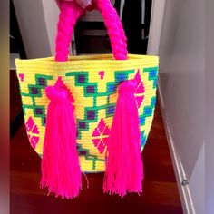 Woven Tote Mini Tote, Womens Tote Bags, Pink Yellow, Yellow, Pink, Women Shopping, Color