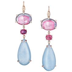 One-of-a-kind rose-cut bicolor tourmaline, cabochon aquamarine, spinel and diamond drop dangle earrings, handcrafted in 18 karat rose gold. 2 3/4 inches or 70 mm length. These beautiful earrings of watermelon tourmalines accented by white diamonds, faceted spinels, and long pear-shaped cabochon aquamarine drops, are a real statement worn. Glamorous yet fun, these gorgeous drop dangle earrings are perfect for those carefree spring and summer days. Art Deco Drop Earrings, White Gold Drop Earrings, Art Deco Earrings, Watermelon Tourmaline, Earrings Drop, Diamond Drops, Diamond Drop Earrings, Vintage Jewels, Gold Drop Earrings