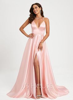 Pink V-neck Maxi Dress For Prom Season, V-neck Maxi Dress For Prom Season, V-neck Prom Dress With Sweep Train, V-neck Homecoming Dress With Sweep Train, V-neck Satin Dress With Sweep Train, Satin V-neck Homecoming Dress, V-neck Evening Dress With Sweep Train, Formal Pink A-line V-neck Dress, V-neck Homecoming Dress