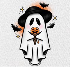 a ghost with a pumpkin in its mouth and bats around it