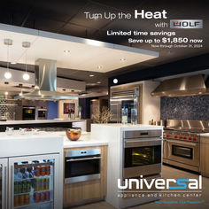 an advertisement for a new appliance and kitchen center in the united kingdom, featuring stainless steel appliances