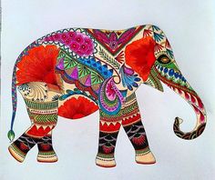 an elephant painted in bright colors on a white background