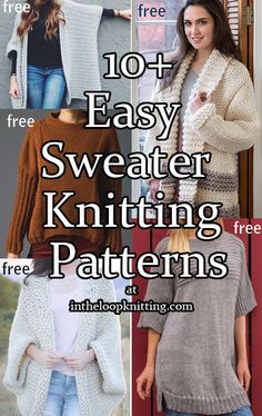 knitted sweaters with text overlay that reads, 10 + easy sweater knitting patterns