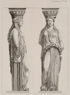 two statues of women standing next to each other in front of a white background with black ink