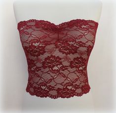 Burgundy sheer elastic lace tube top strapless by MissLaceAccessories on Etsy Lace Tube Top, Low Cut Dresses, Top Strapless, Lace Bandeau, Tube Tops, Burgundy Lace, 2000s Fashion Outfits, Swaggy Outfits, Mode Inspo