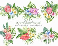 tropical flowers and leaves watercolor clipart